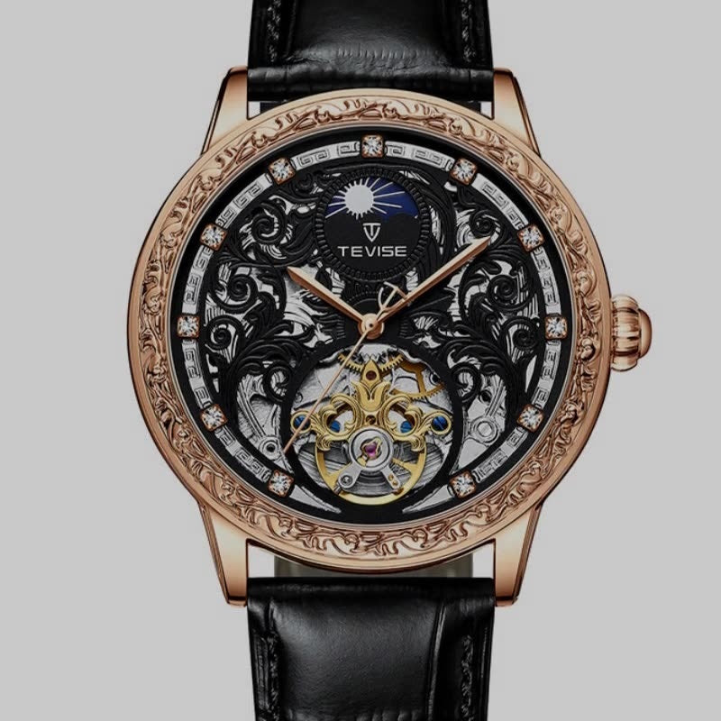 Hanetes Select RoseClassic – Herren-Automatik-Uhr in Roségold mit Lederarmband & Sichtmechanik