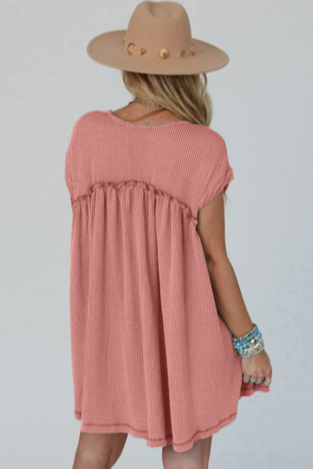 Dusty Pink Textured Patched Pocket Frilly Mini Dress