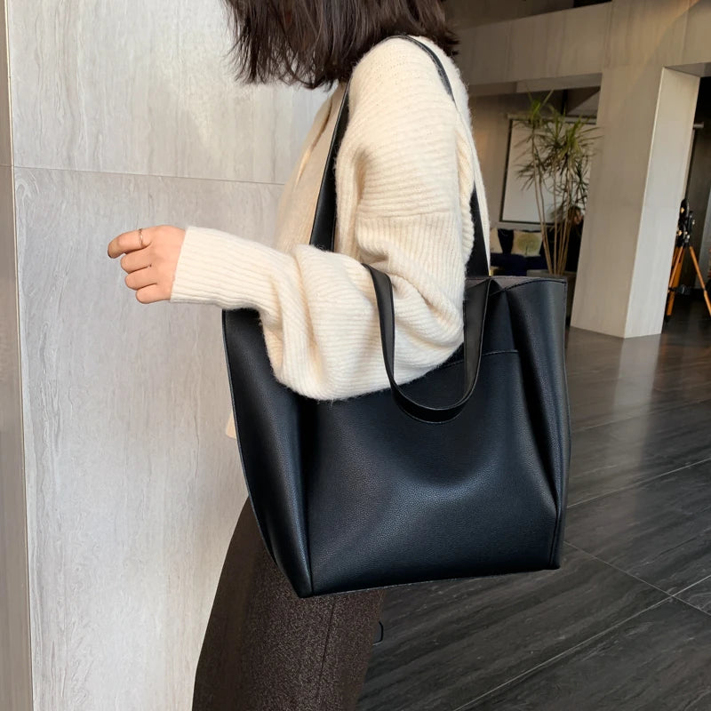 Hanetes Select „Soft Classic Tote“ – Große Damen Schultertasche aus weichem Leder – Minimalistischer Shopper mit großzügigem Stauraum