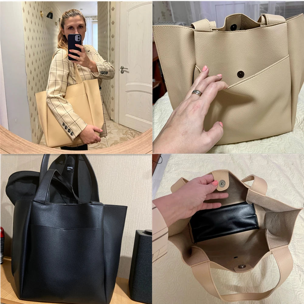 Hanetes Select „Soft Classic Tote“ – Große Damen Schultertasche aus weichem Leder – Minimalistischer Shopper mit großzügigem Stauraum