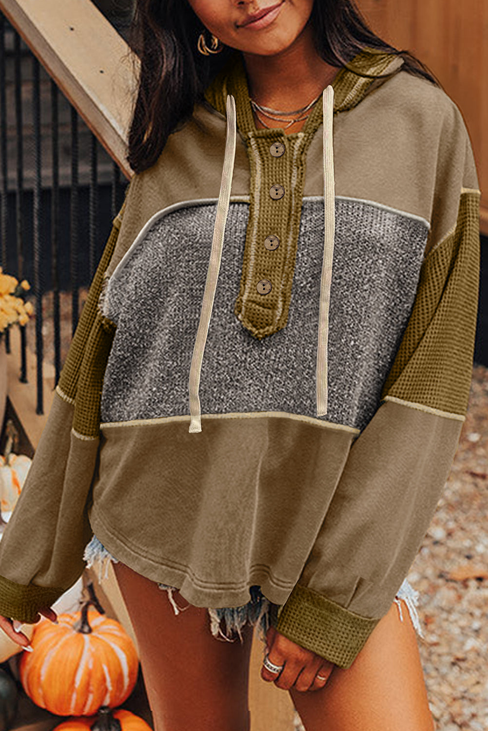 Jungle Green Mixed Texture Patchwork Exposed Seam Half Button Hooded Sweatshirt