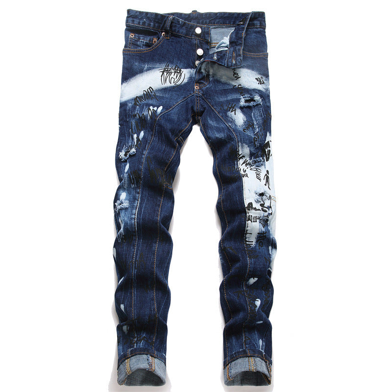 Herren Punk Denim Jeans – Slim-Fit Streetstyle mit Distressed-Design & Printdetails | Ausdrucksstark & Modern