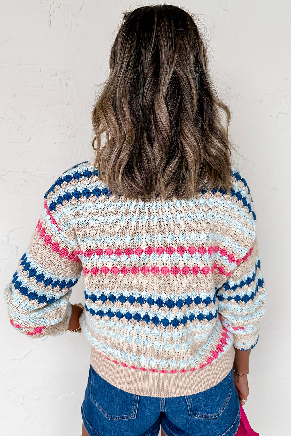 Khaki Striped Eyelet Pattern Drop Shoulder Sweater