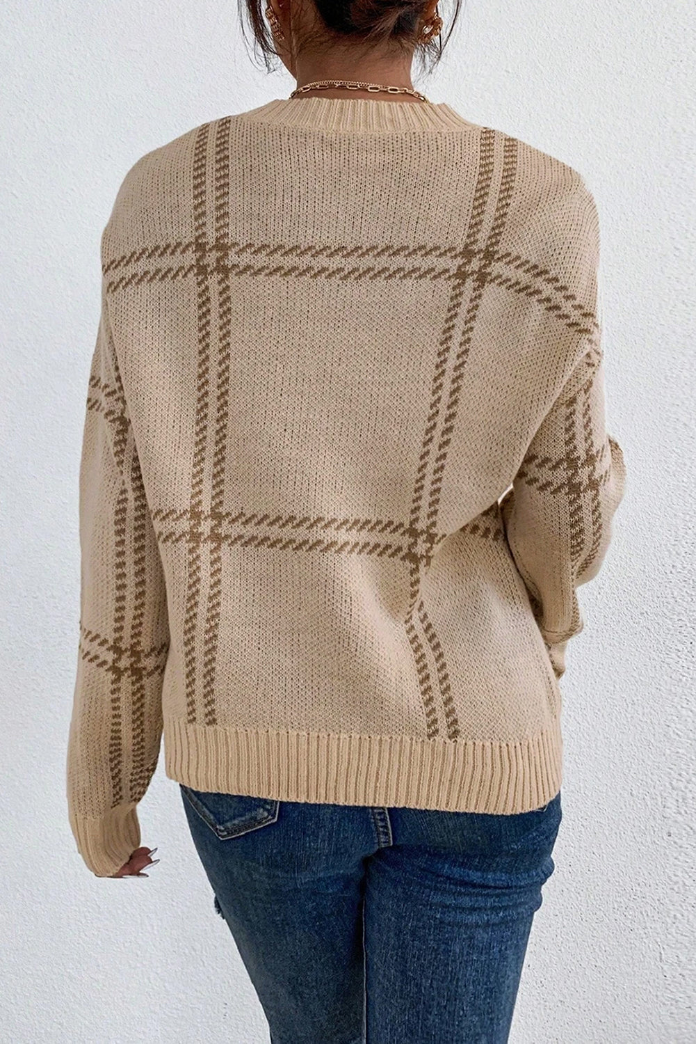 Khaki Plaid Pattern Knitted Drop Shoulder Sweater Q