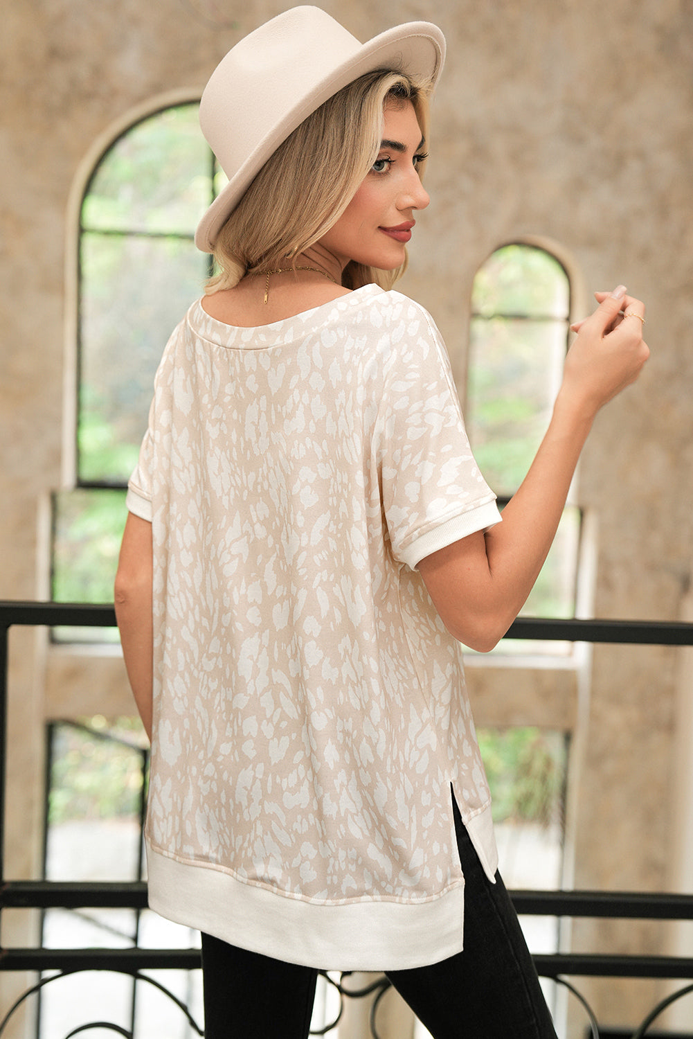 Khaki Leopard Print V Neck Side Slit Loose Fit T-Shirt