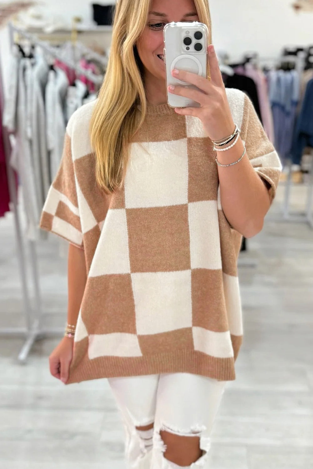 Light French Beige Checkered Pattern Loose Short Sleeve Sweater