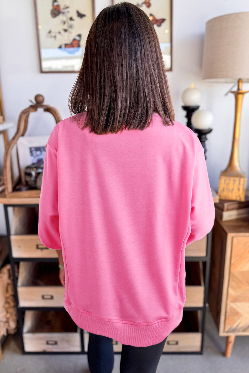 Sachet Pink Solid Color Floral Patched Half Sleeve Tunic Top
