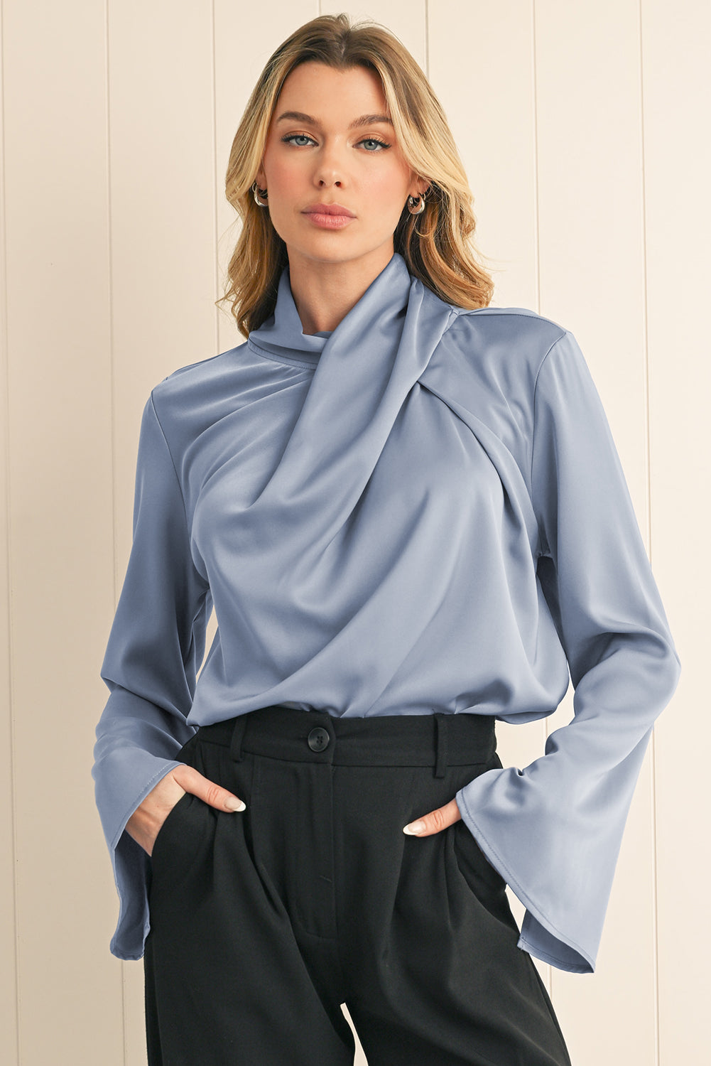 Ivy Asymmetric Turtleneck Elegant Satin Blouse