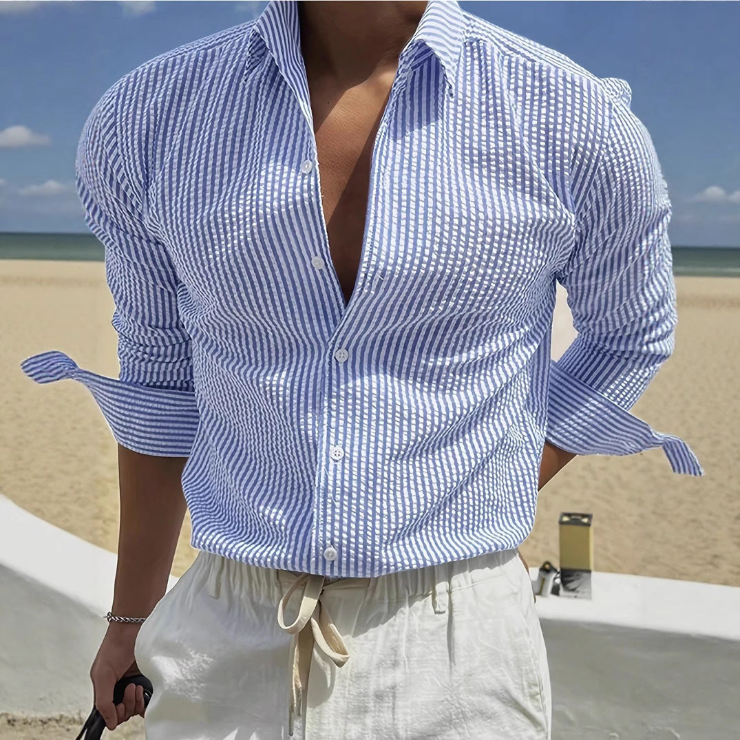 Herren Streifenhemd – Blau-Weiß, Elegant & Lässig | Leichtes Sommerhemd mit Reverskragen