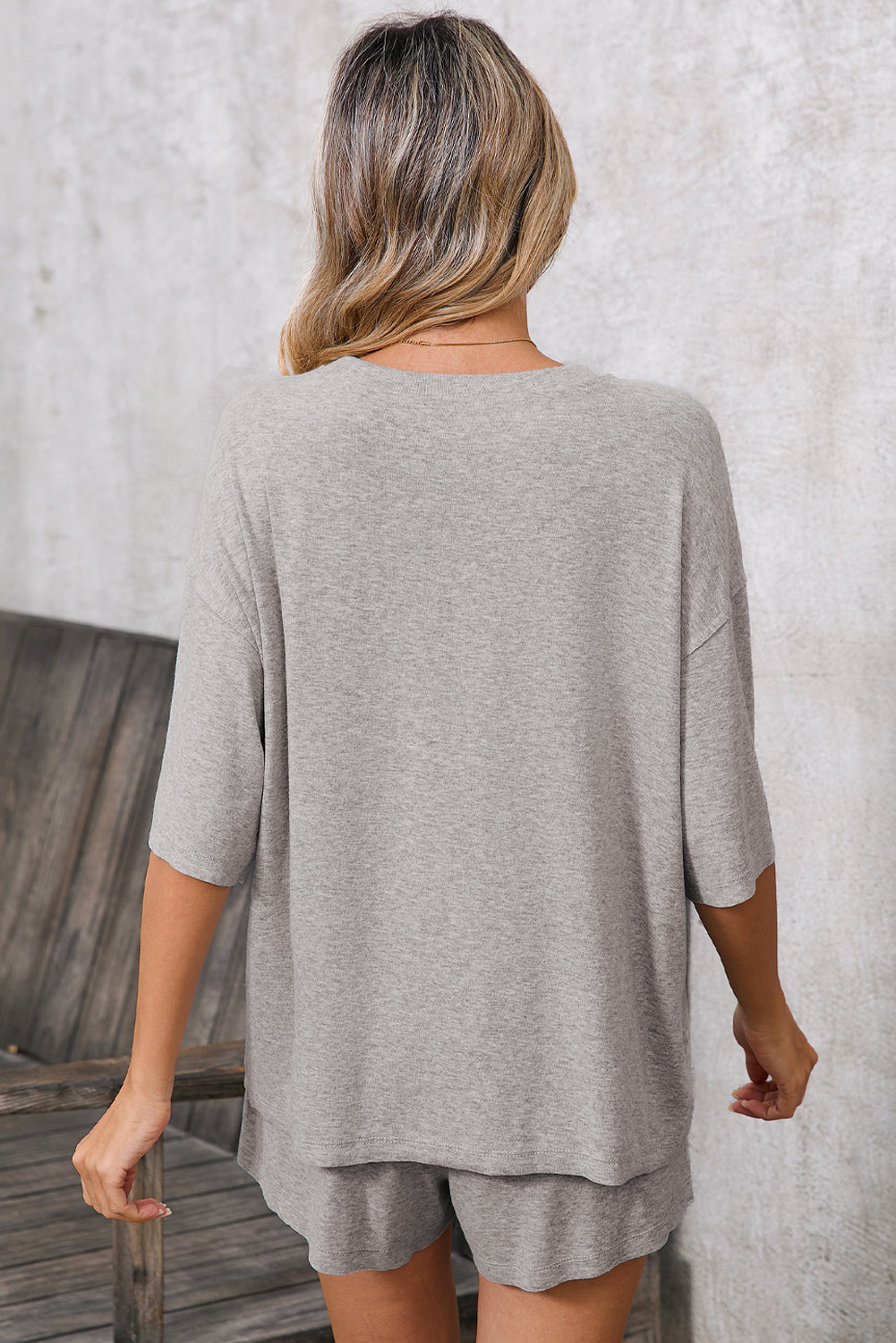 Gray Solid Color Short Sleeve Tee High Waist Shorts Set