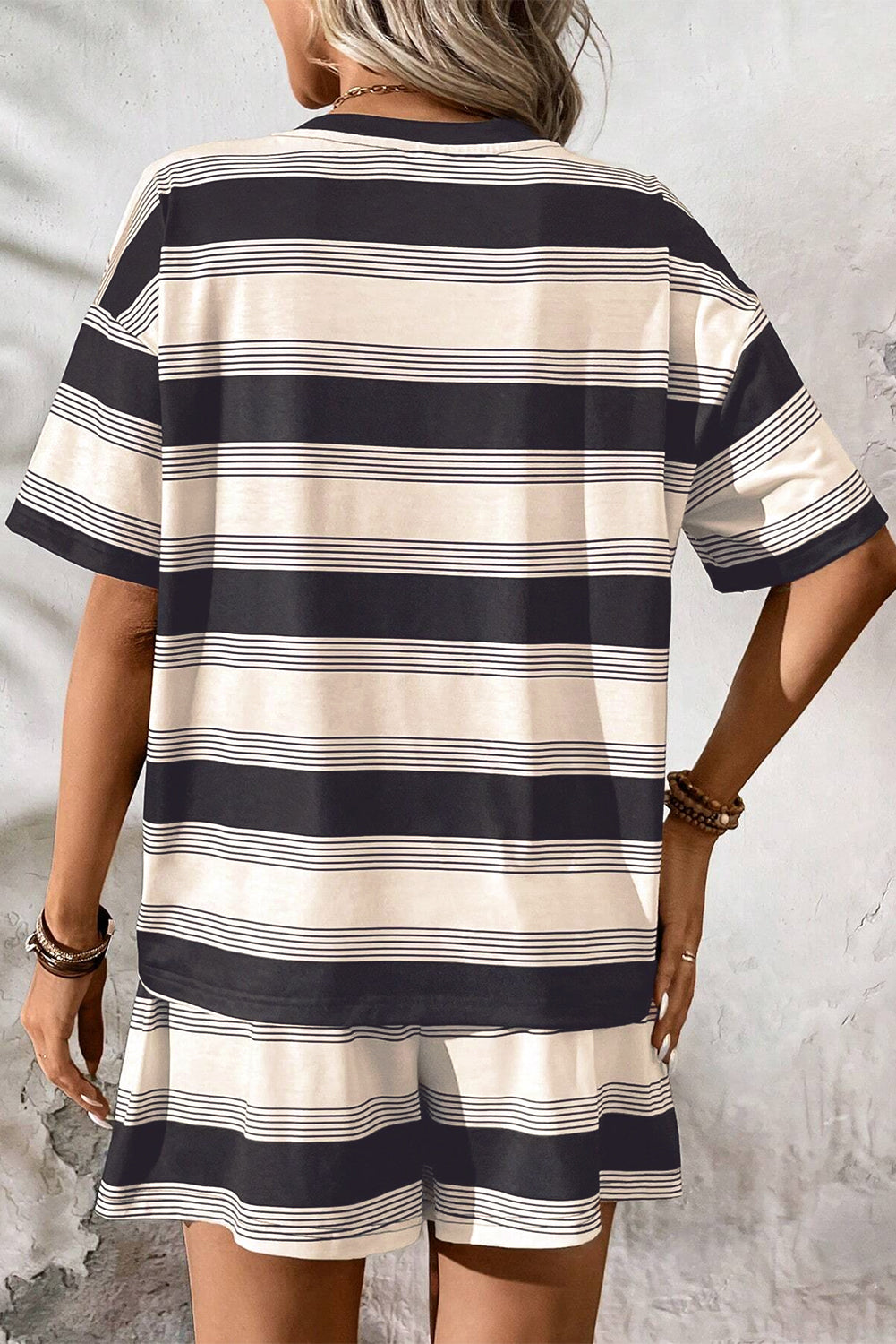 Black Stripe Short Sleeve T-Shirt and High Waist Pocket Shorts Set