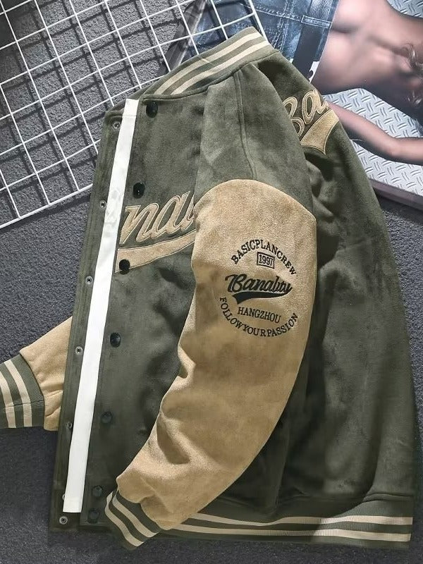 Herren Retro Collegejacke – Vintage Style trifft Komfort | Wildleder-Look & Stickdetails