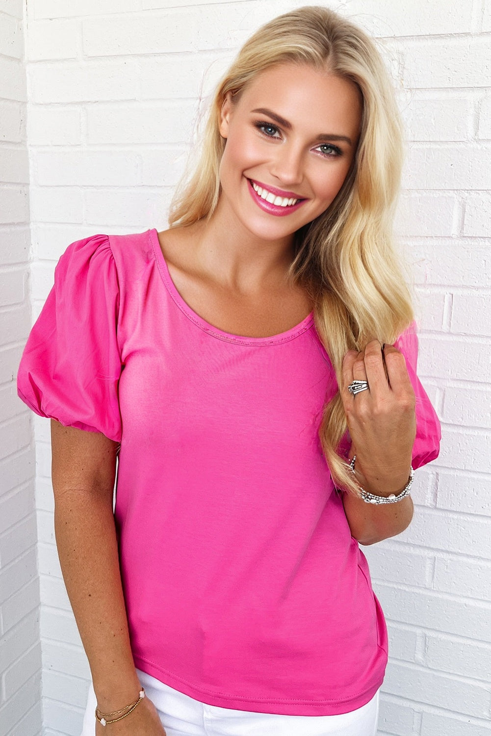 Strawberry Pink Casual Round Neck Bubble Sleeve T-shirt