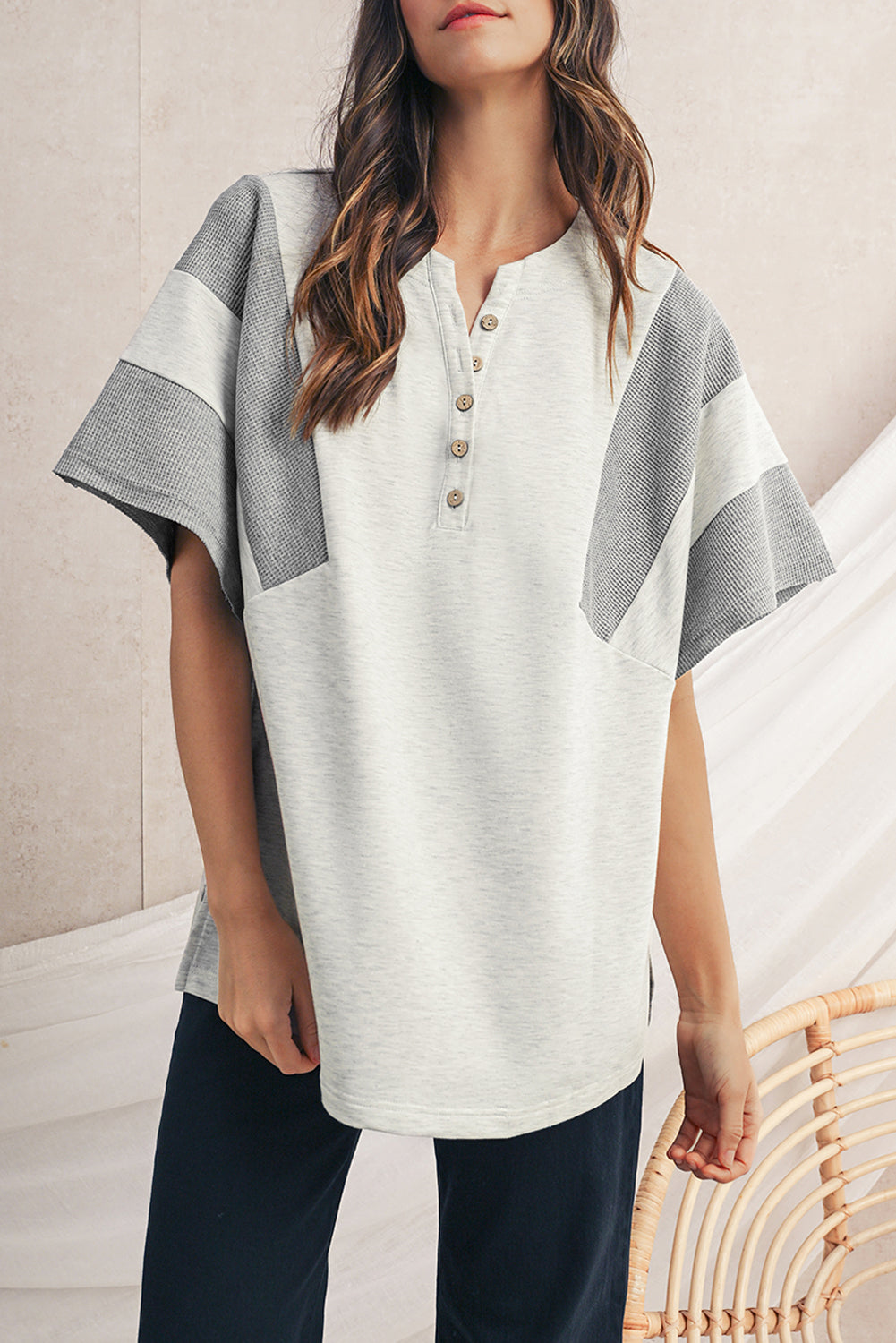 Light Grey Two Tone Contrast Waffle Knit Patched Buttoned V Neck Top